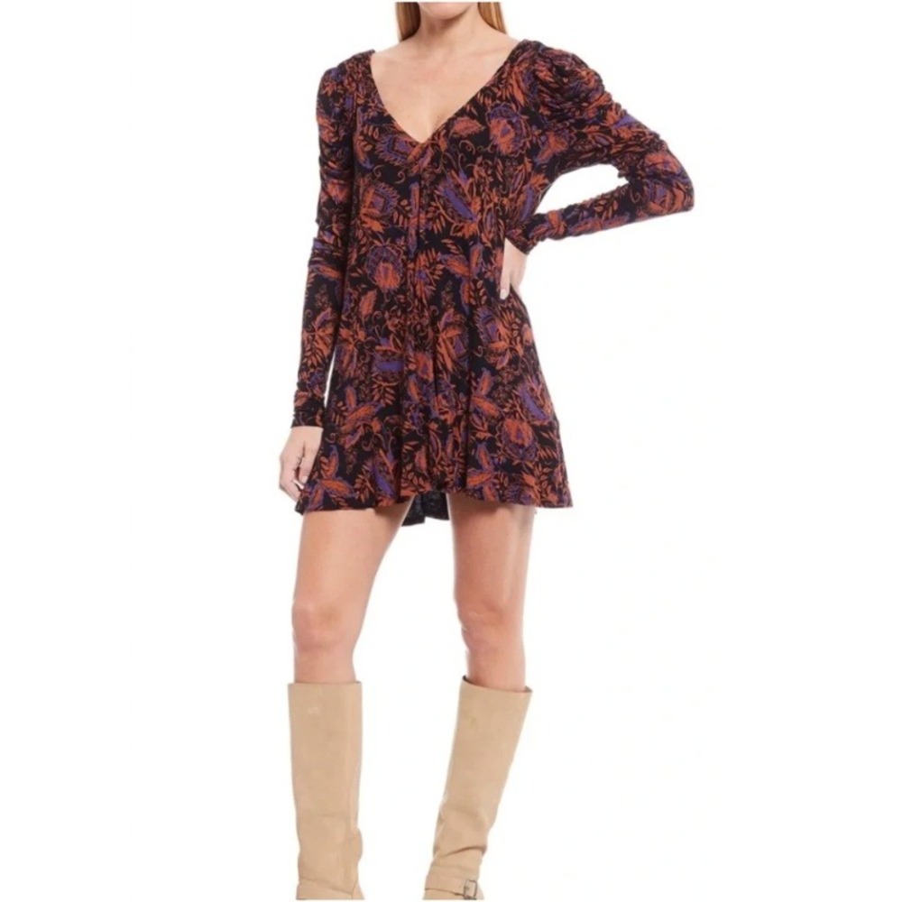 Free People Hello Lover Tunic Top Mini Dress XL Black Orange Floral Paisley